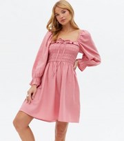 New Look Mid Pink Shirred Frill Square Neck Mini Dress